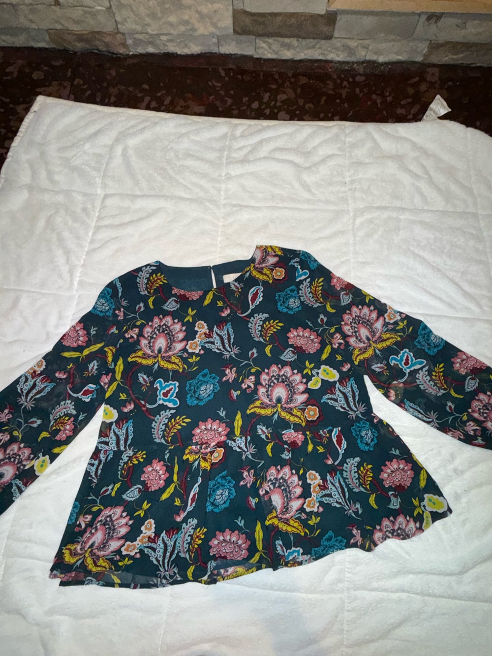 LOFT Teal Floral Long Sleeve Blouse